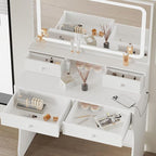 IRONCK Vanity Desk with LED Lighted Mirror & Power Outlet, Makeup Vanities Table with 4 Drawers,Storage Bench,Dressing Table for Bedroom White