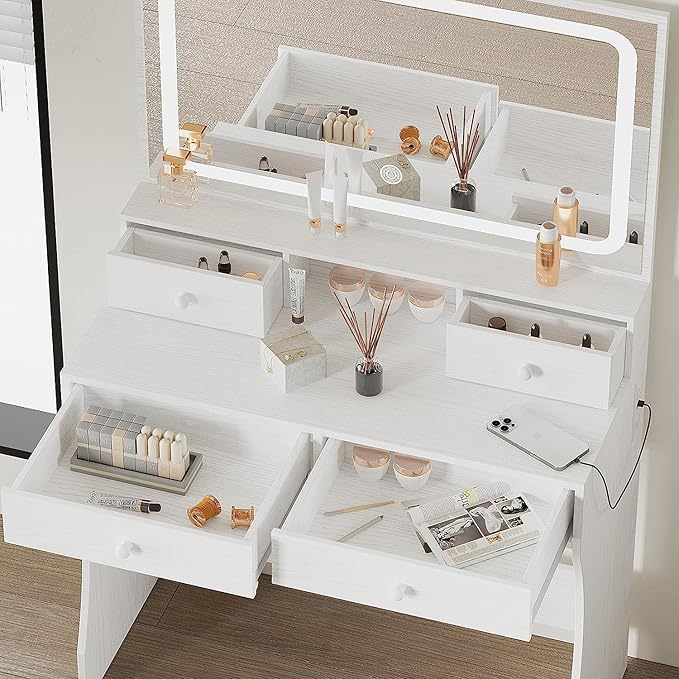 IRONCK Vanity Desk with LED Lighted Mirror & Power Outlet, Makeup Vanities Table with 4 Drawers,Storage Bench,Dressing Table for Bedroom White