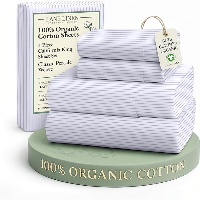 LANE LINEN 100% Organic Cotton Printed California King Sheets Set, 4-Piece All Season Fully Elasticized Deep Pocket Fits Mattress Upto 15", Mercerized Printed Cal King Sheet Set -Ticking Stripe Blue
