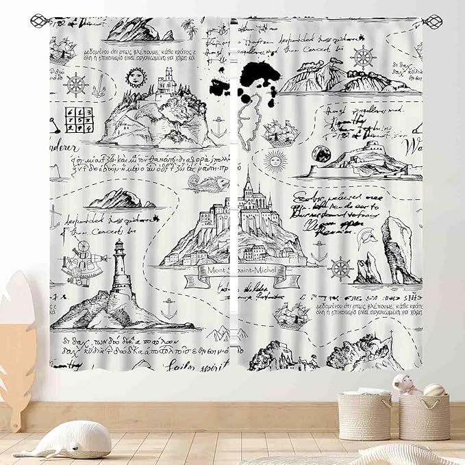 Vintage Nautical Curtains, Marine Coastal Sailboat Compass Anchor Ocean Beach Old Pirate Map Retro Window Drapery Treatments for Bedroom Living Room Kitchen Bathroom 2 Panels, 52"x84" Inch