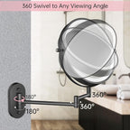 FUNTOUCH Rechargeable Wall Mounted Lighted Makeup Vanity Mirror 8 Inch Double Sided 1X 10X Magnifying Bathroom Mirror, 3 Color Lighting, Touch Dimming, Extended Arm 360 Rotation Light up Mirror Black