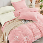HYMOKEGE Pink/Ivory King Size Comforter Set Seersucker 7 Pieces, All Season Luxury Bed in a Bag for Bedroom, Bedding Set with Comforter, Sheets, Pillowcases & Shams