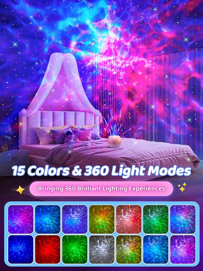 Galaxy Projector for Bedroom, 15 Colors Star Projector Galaxy Light Projector for Bedroom Night Light Projector,15 White Noises Bluetooth Star Lights for Ceiling Projector