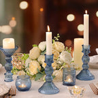 DARJEN 2 Pcs Blue Candlestick Holders - Vertical Stripe Glass Candle Holders for Taper and Votive Candles, Taper Candle Holder for Home, Wedding, Party, Dinner Table Decor