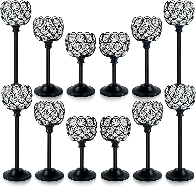 12pcs Bulk Crystal Candle Holders Set, 3 Sizes Tealight Candlestick Holders for Wedding Table Centerpiece, Fireplace Candelabra, Home Decor – Black (Kehail)