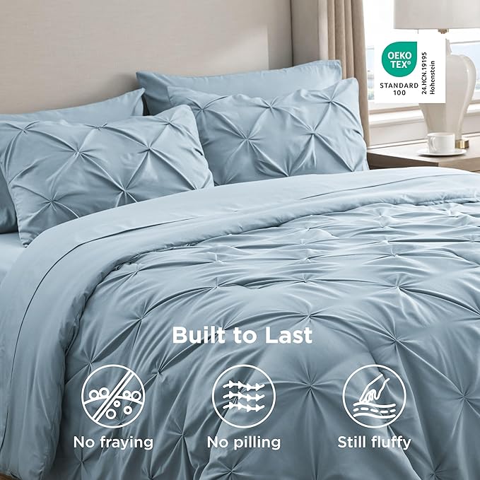 Bedsure Queen Comforter Set Light Blue - Bed in a Bag Queen Size Bedding 7 Pieces, GentleSoft™ Pintuck Bed Set Gift for Family, Pinch Pleat All Season Comforter with Sheets, Pillowcases & Shams