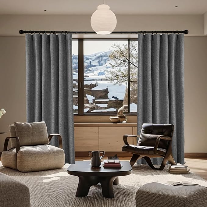 KangBang 2Pcs Blackout Curtains 96 Inches Long for Bedroom Back Tab Curtains Hook Belt Rod Pocket Linen Textured Thermal Greige Gray Drapes Window Treatment Panels for Living Room, 52x96