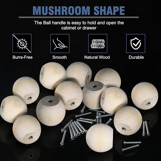 FoDau770 15pcs Unfinished Wood Knobs, Round Ball Cabinet Knobs Vintage Drawer Pulls, Natural Wooden Cabinet Hardware for Furniture Drawer Dresser Wardrobe Cupboard - 1-1/4" Diameter