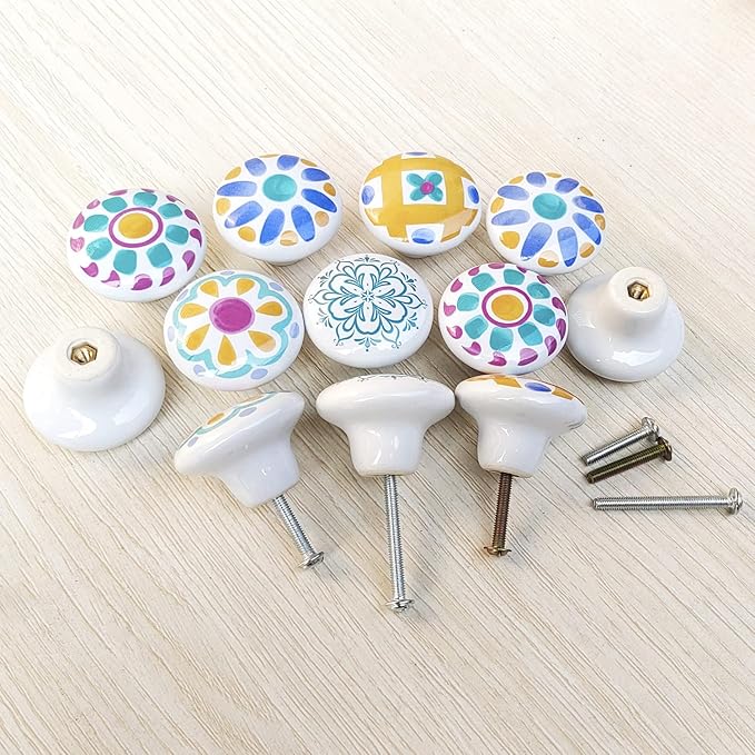 HUAMULAN 15PCS Glossy Ceramic Knobs Button Round Mushroom Cabinet Dresser Vintage Pulls Door Handles Cupboard Wardrobe Drawer, Dia. 1.5 inch 38mm,Colorful Hand Painted