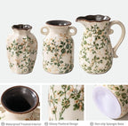 Ceramic Vases Set of 3, Green & Beige Chinoiserie Flower Pitcher Vase, Farmhouse Vintage Floral Vase Home Decor for Mantle, Fireplace, Kitchen Counter, Living Room Bookshelf Rustic Table Centerpiece