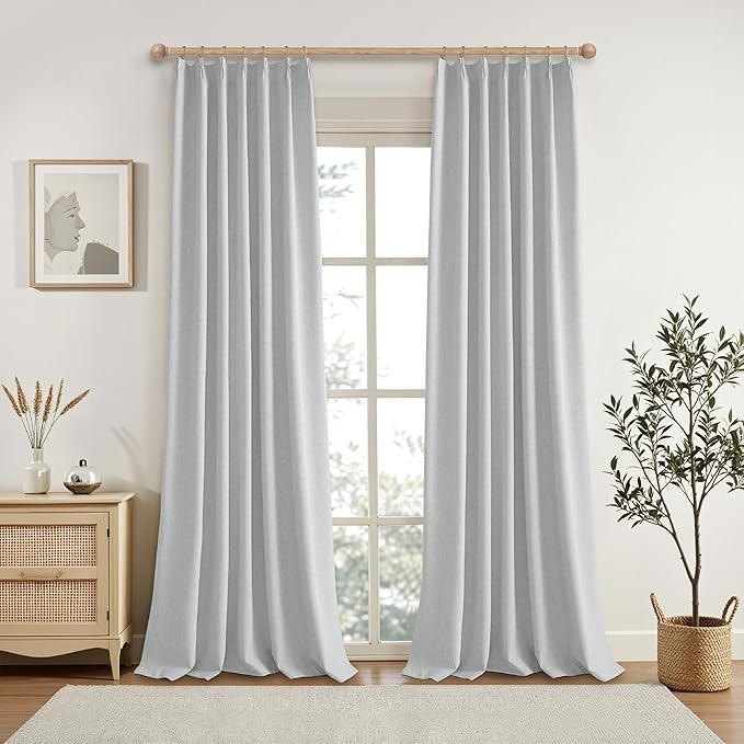 KangBang 100% Blackout Pinch Pleated Curtains 108 Inches Long, Linen Blend Pinch Pleat Window Drapes with Hooks, Track System Curtain Panels for Sliding Door Modern Farmhouse,60x108, Light Grey,2 PCs
