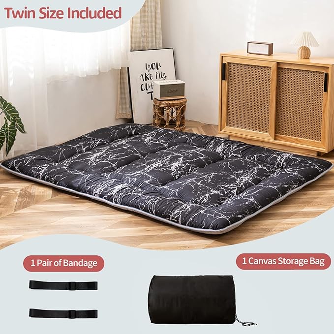 MAXYOYO Black Marble Printed Japanese Futon, Thicken Sleeping Pad Roll Up Camping Mattress Twin