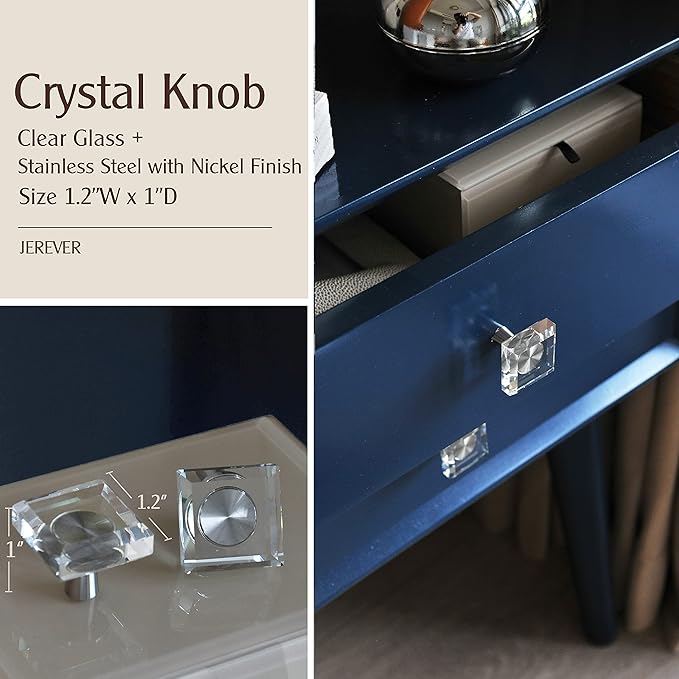 JEREVER 6 Pack Glass Crystal Knobs Brushed Nickel Drawer Pull Cabinet Handle for Dresser Kitchen (Square)