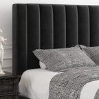 Allewie Full Bed Frame/Velvet Upholstered Bed Frame with Vertical Channel Tufted Headboard/Strong Wooden Slats/Platform Bed Frame/Mattress Foundation/Box Spring Optional/Easy Assembly/Black