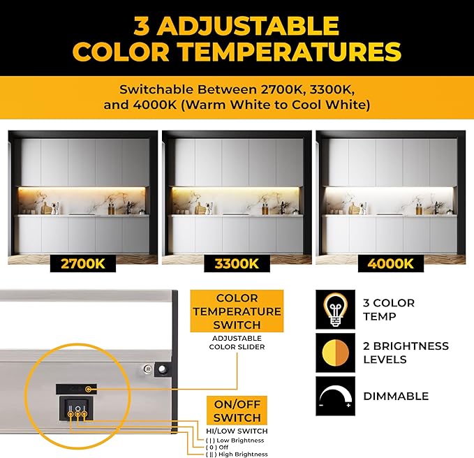 LED Under Cabinet Lighting Hardwired - 3CCT 18 Inch Satin Finish - Undercabinet Lights for Kitchen - Linkable Undercounter Dimmable Plug in Light or Hard Wired - Under Counter Fixture Direct Wire