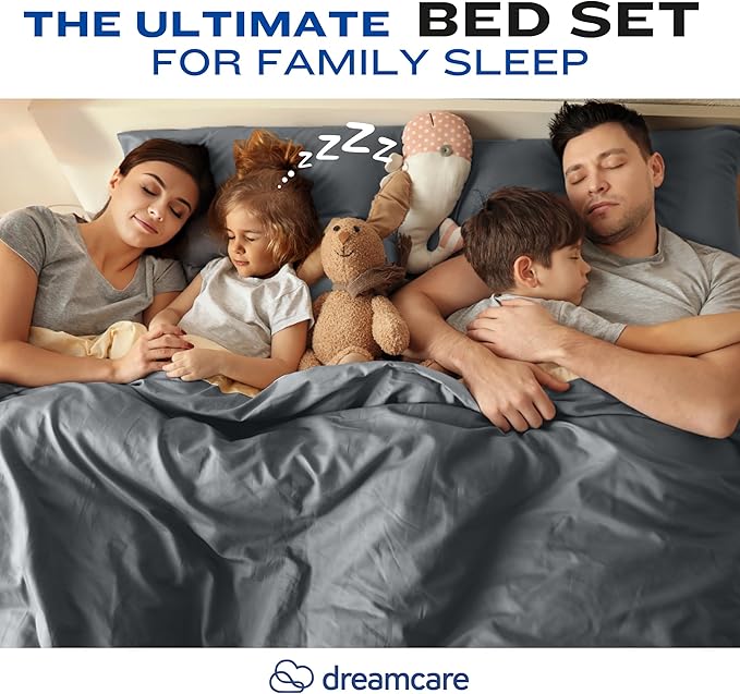DREAMCARE Queen Sheet Set – 4 pcs Cooling Sheets – up to 21” Extra Deep Pocket Queen Sheets – Hotel Luxury Sheets & Pillowcases – Superior Softness 100% Fine Microfiber with Side Pocket – Dark Gray