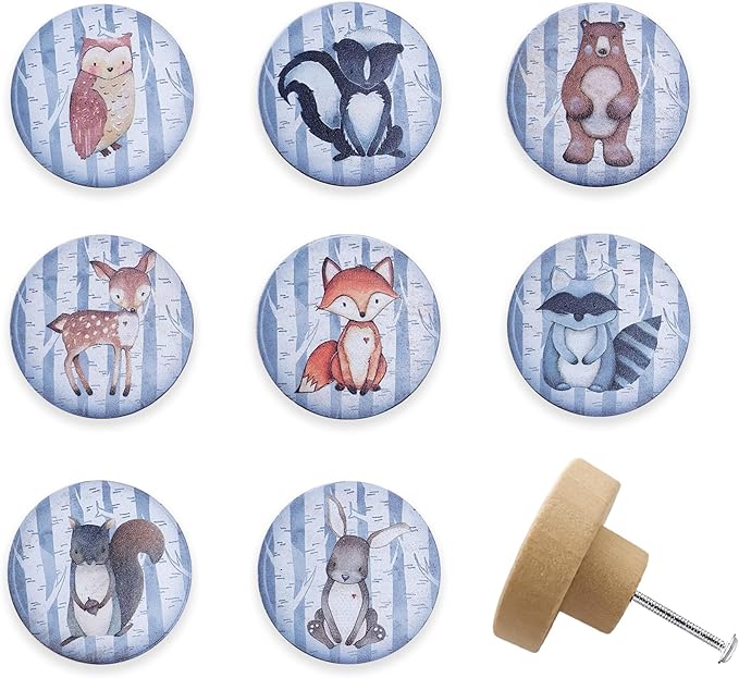 Set of 8 1.8" Wooden Safari Animals Nursery Cabinet Kids Room Door Dresser Drawer Knobs and Handle Pulls
