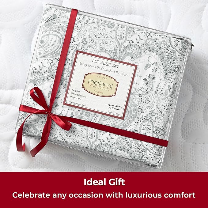 Mellanni Full Sheets Set - 4 PC Iconic Collection Bedding - Hotel Luxury, Extra Soft, Cooling Bed Sheets - Wrinkle, Fade, Stain Resistant (Full, Paisley Gray)