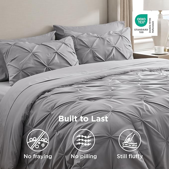 Bedsure King Size Comforter Set - Bedding Sets King 7 Pieces, Pintuck Bed in a Bag Grey Bed Set with Comforter, Sheets, Pillowcases & Shams