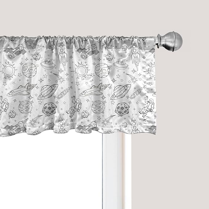 Ambesonne Cartoon Window Valance Pack of 2, Doodle Solar System Astronauts Space Crafts Shooting Stars Science Fiction Theme, Rod Pocket Curtain Valances for Kitchen Bedroom, 54" X 18", White Black