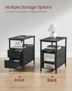 VASAGLE Side End Table with Charging Station, Slim Nightstand with 2 Drawers, Narrow Bedside Table for Living Room, Small Spaces, Charcoal Gray and Ink Black ULET321B22