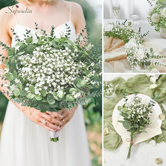 Serwalin 100 Pcs Mixed Artificial Eucalyptus Stems,Babys Breath Artificial Flowers Bulk with Faux Eucalyptus Leaves Greenery Stems for Wedding DIY Bouquets Floral Arrangement Home Decor
