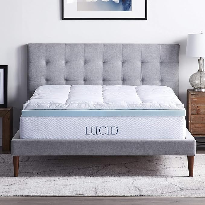 LUCID 4" Down Alternative & Gel Memory Foam Mattress Topper, Twin XL – Three Toppers in One – Fitted Sheet Style, 100% Cotton