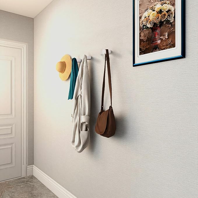 Wood Wall Hooks, 4 Pack White Decorative Coat Hooks Wall Mounted, Modern Hat Hooks Heavy Duty Entryway Wall Hangers for Hanging Purse, Towels, Clothes, Backpack