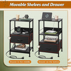 WLIVE Night Stand with Charging Station, LED Nightstand with Adjustable Fabric Drawer, 3-Tier Storage Bedside Table, Small End Side Tables for Bedroom, Black