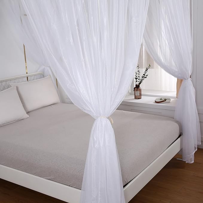 Akiky Princess Canopy Bed Curtains Set with Star Light Sheer Curtain for King Size Bed,8 Panels Canopies (King, White)