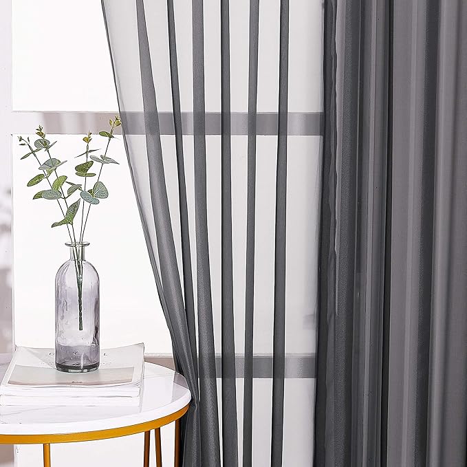 NICETOWN Sheer Curtains for Windows 54 inch Long, Ring Top Soft Voile Sheer Texture Classic Window Treatment with Light Through for Bedroom/Living Room, Black, 54 inch Wide, 2-Pack