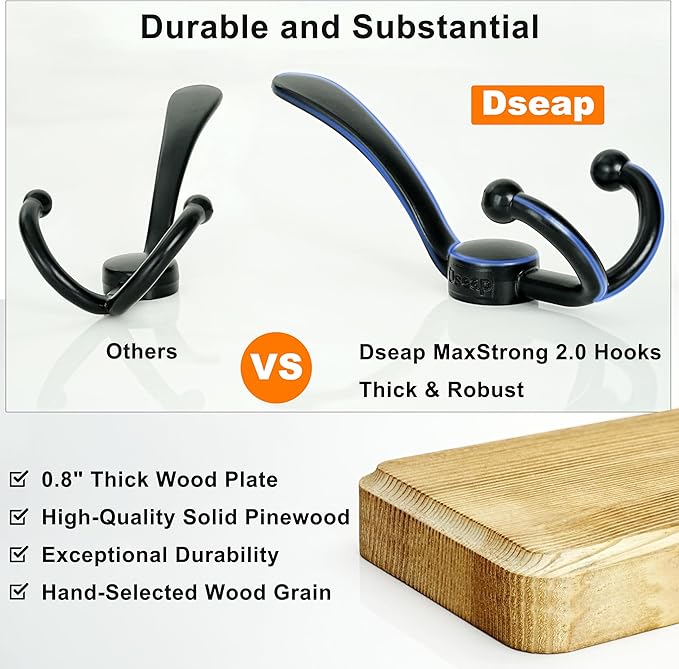 Dseap Coat Rack Wall - Heavy-Duty 38-1/4" Long, with Reinforced 10 Custom Tri-Hooks, Solid Wood Wall Hanger for Coats Hat Jackets - Rustic Farmhouse Entryway Storage, White & Black, Pack of 2