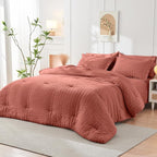 HYMOKEGE Coral Queen Comforter Set Seersucker 7 Pieces, All Season Luxury Bed in a Bag Queen for Bedroom, Bedding Set with Comforter, Sheets, Pillowcases & Shams