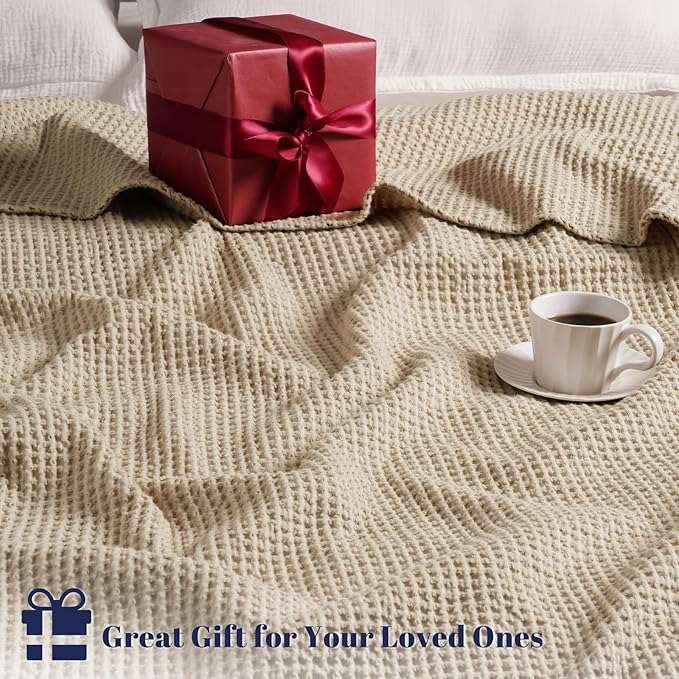 PHF 100% Cotton Waffle Weave Blanket King Size for Bed,Snag Proof Lightweight Breathable Throw for Couch,Great for Layering in Cold Weather,Machine Washable,Home Decor Gift-Khaki/Simply Taupe