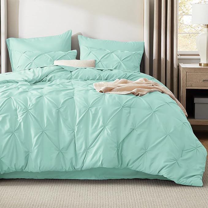 Bedsure Twin Comforter Set Mint Green - Bed in a Bag Twin Size Bedding 5 Pieces, GentleSoft™ Pintuck Bed Set Gift for Family, Pinch Pleat Mint Green Comforter with Sheets, Pillowcase & Sham