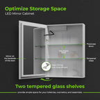LED Lighted Medicine Cabinet Mirror 20" W x 28" H with 2 Adjustable Glass Shelves, Recessed or Surface Mount Bathroom Wall Cabinet with Touch Sensor, Defogger, Light Color Dimmer (3000-6500K)