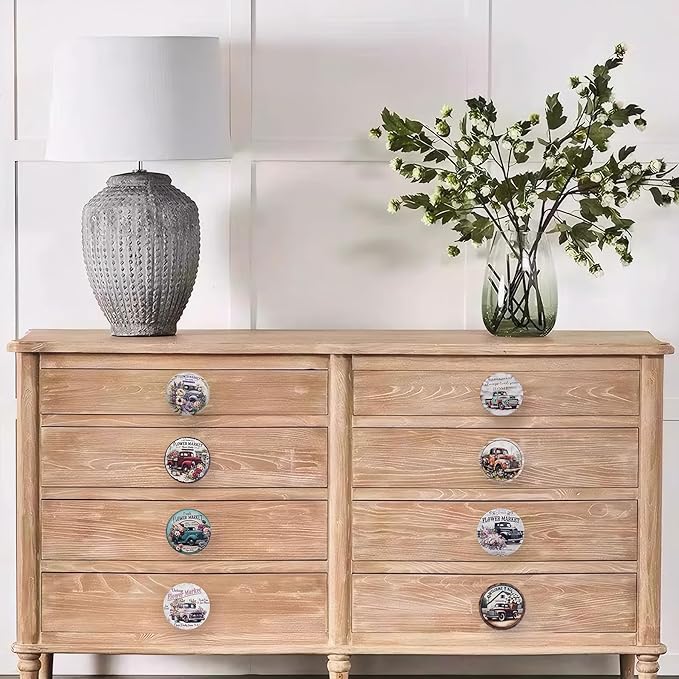 JamJam 8 Pack 1.8" Wooden Rustic Farmhouse Cabinet Knobs Vintage Car Wih Flower Heme Nursery Kids Room Dresser Drawer Knobs and Pulls