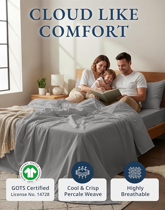 LANE LINEN 100% Organic Cotton California King Sheets Set, Fully Elasticized Reinforsed Seams in Fitted Pocket, Machine Washable Naturally Cooling All Season Cal King Sheet- Silver
