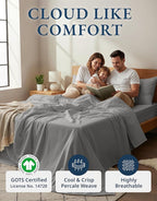 LANE LINEN 100% Organic Cotton Mercerized Queen Sheets, Soft & Comfy Naturally Cooling Cotton Sheets Queen Size Set, Classic Percale Weave Low Pill Fade Resistant Queen Bed Sheets- Silver