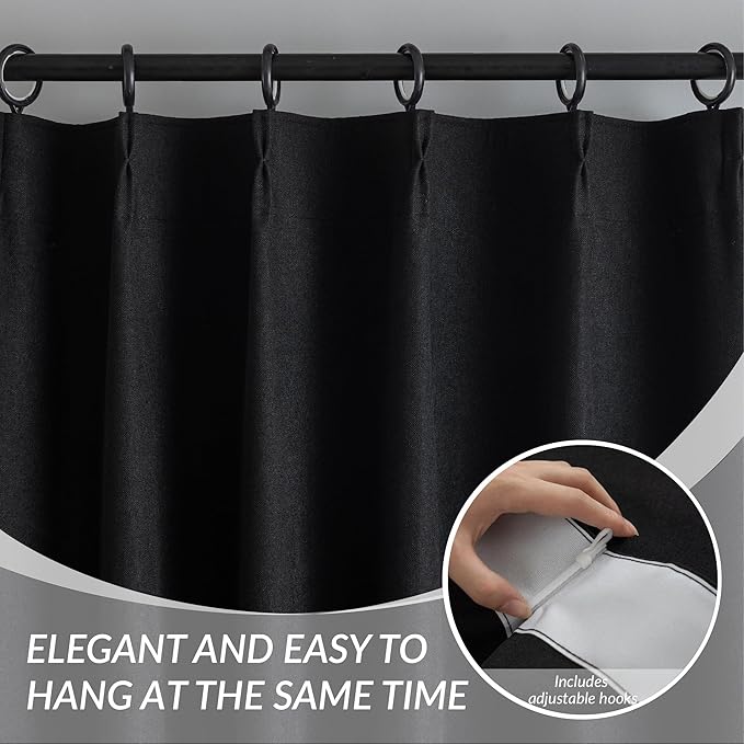 KangBang Pinch Pleat Black Out Curtains 102 Inches Long, Thermal Insulated Linen Drapes 2 Panels Set for Living Room Dining with Hooks, Soft Elegant Window Treatments with Hooks,40Wx102L, Black