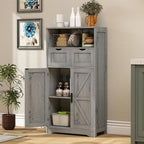 WEENFON Bathroom Cabinet, Storage Cabinet with 2 Adjustable Drawers & 2 Barn Doors, Standing Cupboard with 2 Shelf, Floor Cabinet for Living Room, Home Office, Kitchen, Grey