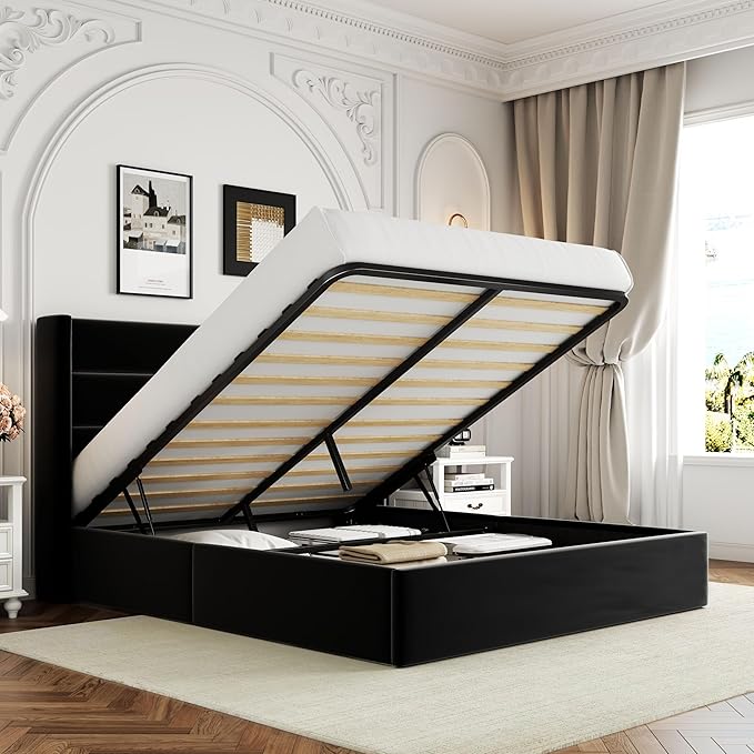 Allewie Queen Size Velvet Lift Up Storage Bed, Modern Wingback Headboard, Hydraulic Support, No Box Spring Needed, Black
