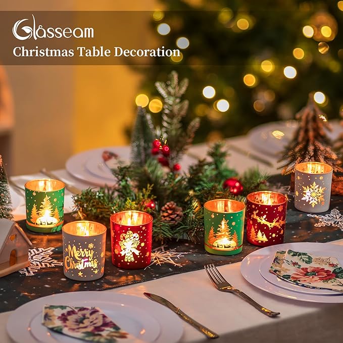 Glasseam Christmas Votive Candle Holders: Glass Tealight Candle Holder Set of 6 Tea Candle Holder for Jar Candles Red Green White Candle Holders for Table Centerpiece Home Xmas Party Decorations Gifts