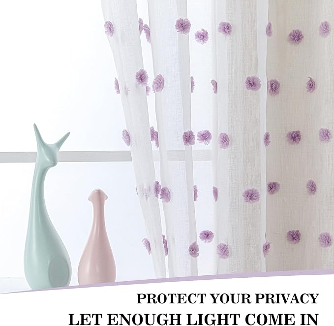 MYSKY HOME 72 Inch Long Purple Pom Pom White Sheer Curtains for Bedroom Nursery Curtains for Baby Room Door Curtains for Doorway 2 Panels Light Filtering Rod Pocket Semi Window Drapes 52 x 72 inch
