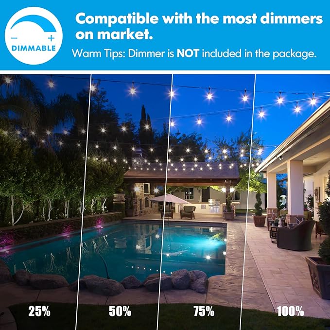 Lakumu 2-Pack 96FT Outdoor String Lights with Waterproof Shatterproof Dimmable 5000K Daylight White E12 Filament S14 LED Bulbs for Backyard Hanging Lights Linkable Patio Light for Deck Bistro Pergola