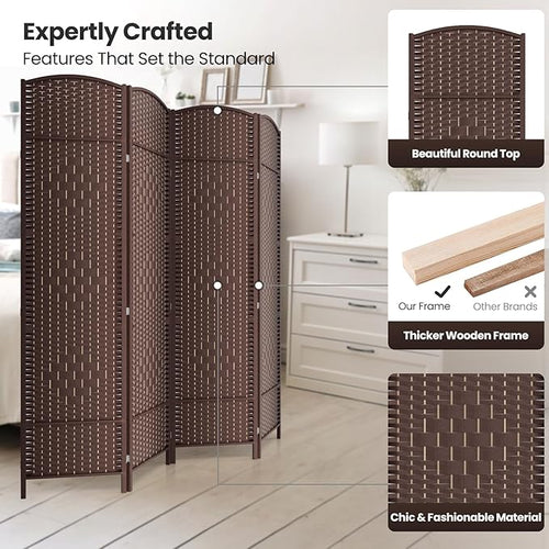 4 Panel Room Divider,6Ft Folding Privacy Screen,Tall - Extra Wide Foldable Panel Partition Wall Divider with Diamond Double-Weaved Hand-Woven Design Room Screen Divider