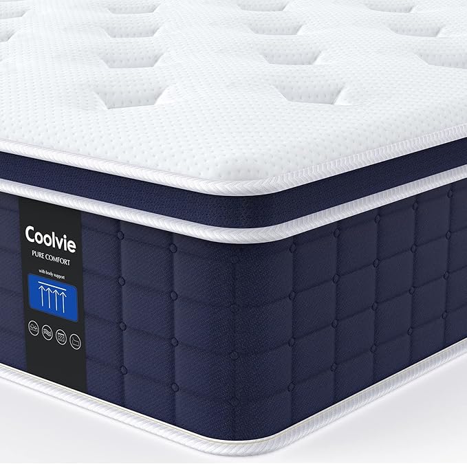 Coolvie 12 Inch Queen Mattress, Hybrid Queen Mattress in a Box, Pocket Springs with Soft Knitted Fabric Cover for a Cool Sleep & Pressure Relief, Medium Firm Feel with Motion Isolation