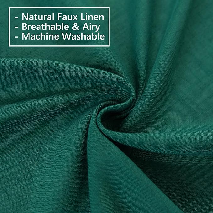 Emerald Green Linen Pinch Pleated Sliding Door Curtains Semi Sheer, 2x50 Inches Width, Hunter Light Filtering Drapes 96 Inches Long, Dark Textured Farmhouse Window Curtain Panels