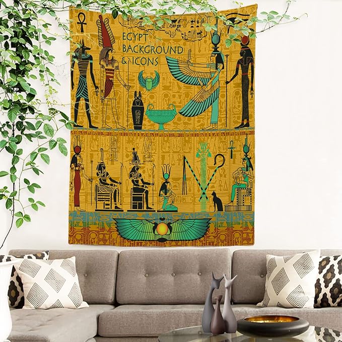 Batmerry Yellow Ancient Egyptian Tapestry, Horus Wall Art Hanging Decoration Polyester Fiber White Ruffled Around for Dorm Room Bedroom Living Room, 59.1x51.2 inches