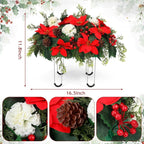 Christmas Cemetery Decorations for Grave Headstone Flower Saddle Artificial Flower Saddles Red Poinsettia Outdoor Memorial Headstone Realistic Bouquet(Red and White,Elegant Style)